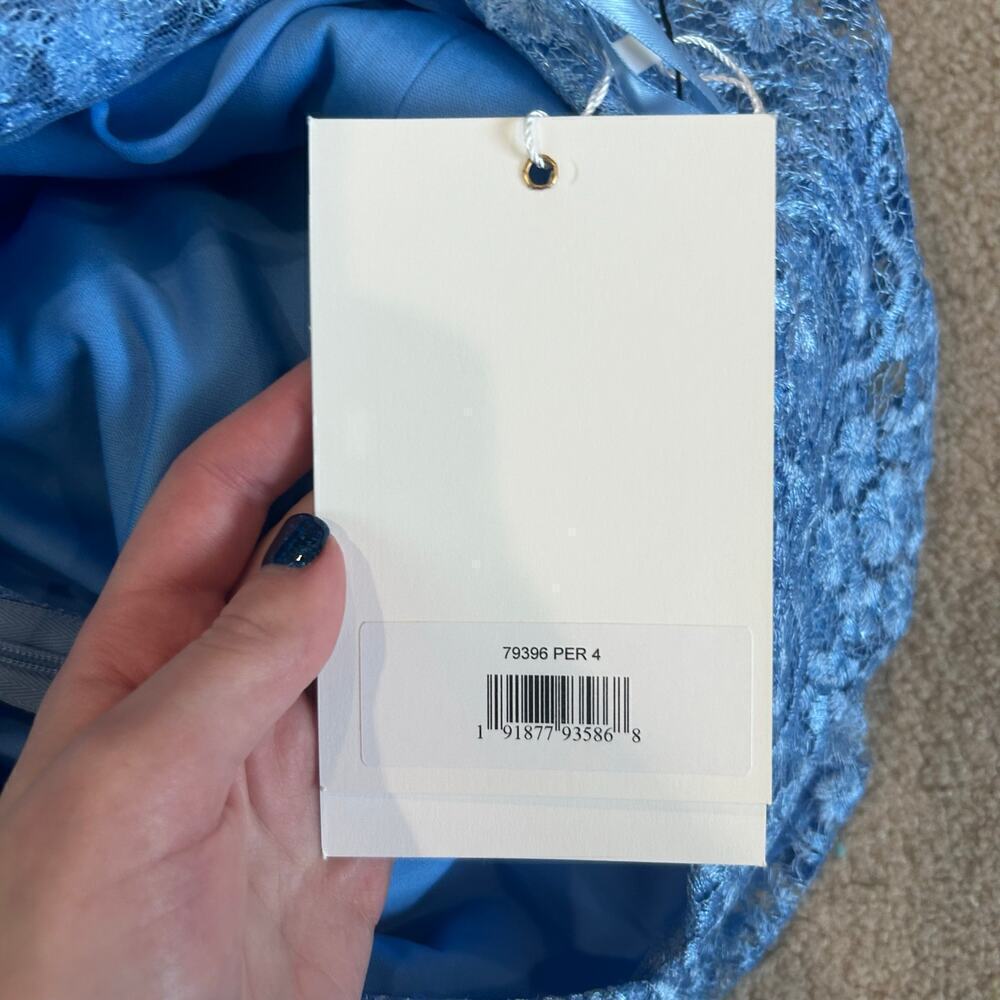 NWT Mac Duggal Blue Lace Ruffled Rhinestone Waist Maxi Gown Formal Prom Size 4 - Picture 8 of 8